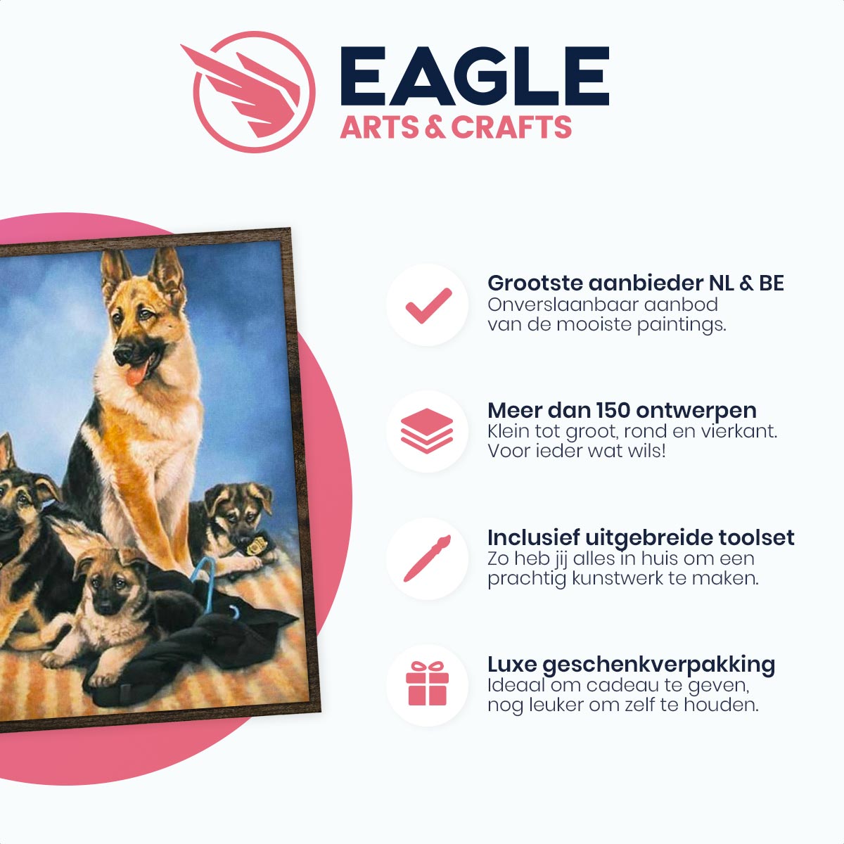 Duitse Herder met Puppy's - Diamond Painting - 50x40cm - Vierkant