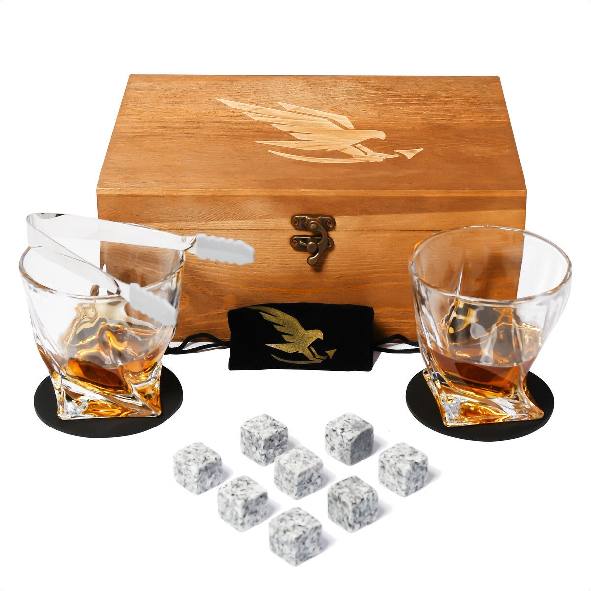 Eagle Whiskey Set – Whiskey stones – Whiskey – Whiskey cadeauset – onderzetters, tang, en acht s