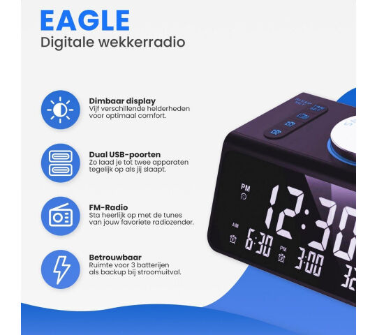 Eagle Wekkerradio - Wekker - met Display, Temperatuur en Dual USB | EAGLE.eu | Precies wat nodig heb